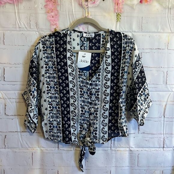 Jovie Front Tie Blue Paisley Button up V Neck Blouse - Picture 4 of 10